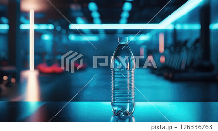 A water bottle with condensation stands on a reflective surface in a gym, with workout equipment and sunlit windows creating a warm, bokeh background 126336763