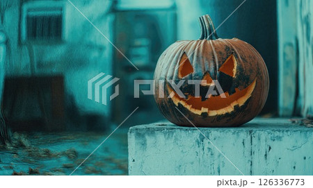 weathered jack-o'-lantern with a menacing grin sits on a concrete ledge in a dimly lit, eerie urban alley, evoking mystery and horror 126336773
