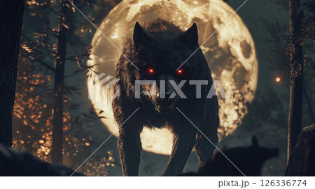 menacing wolf with glowing red eyes stands under a large full moon, surrounded by a dark, eerie forest. The wolf's intense gaze and sharp teeth create a sense of danger and mystery 126336774