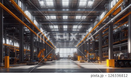 A large warehouse filled with various machines and many vehicles A large warehouse filled with various machines and many vehicles 126336812