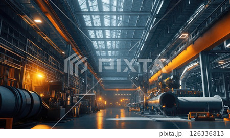The structure looks like a factory with many pipes and machinery 126336813
