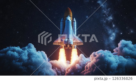 NASA Space Shuttle launching into starry night sky with dramatic illuminated exhaust clouds and visible Milky Way galaxy, representing space exploration and technological achievement 126336826