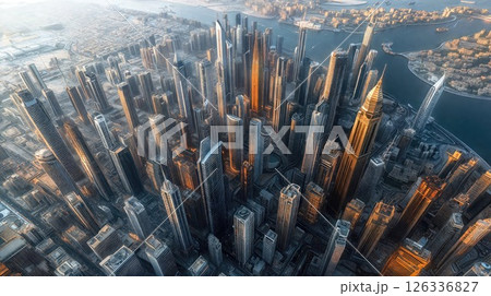 Aerial view of futuristic skyline during golden hour, showcasing towering skyscrapers casting long shadows, with the coastline and waterways visible in the background 126336827