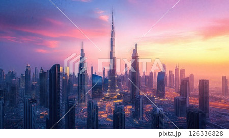 skyline featuring the towers against a dramatic purple-pink sunset sky, with illuminated streets and buildings creating a futuristic cityscape 126336828