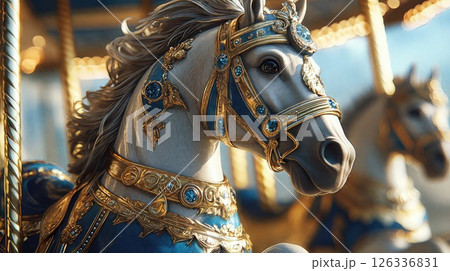 Ornate carousel horse with detailed gold baroque decorations and black finish, photographed in dramatic lighting with bokeh fairground lights in background 126336831