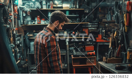 bearded man in a flannel shirt stands in a rustic workshop surrounded by tools, lost in deep thought, exuding craftsmanship and creativity 126336832