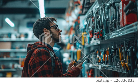 The image shows a man in a hardware store, browsing a wall of tools. He wears glasses and a red plaid shirt, examining various hand tools with a thoughtful expression, indicating careful selection 126336833