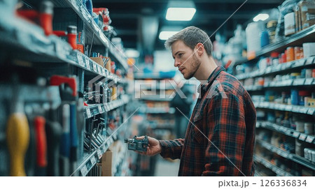 A man is observing a tool while browsing in a local hardware store 126336834