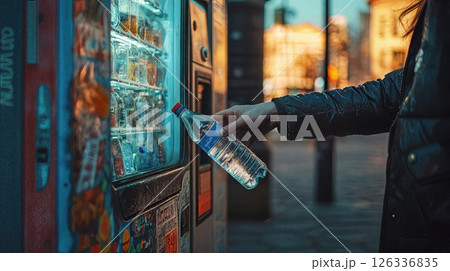 A close-up shot of a hand grabbing a bottle of water from a vending machine, with the soft glow of the illuminated display adding a vibrant atmosphere to the scene 126336835