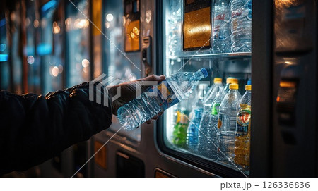 person retrieves a cold water bottle from a vending machine at night, with other chilled beverages visible inside, reflecting the neon city lights and creating a moody, atmospheric urban scene 126336836