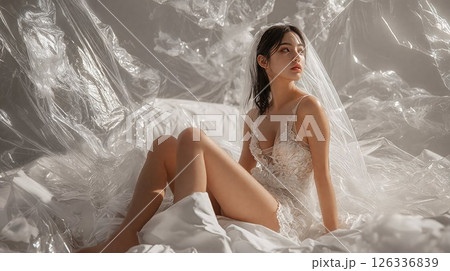 person in a white lace lingerie posing artistically among ethereal plastic sheets and white fabric in a dreamy, soft-lit studio setting 126336839