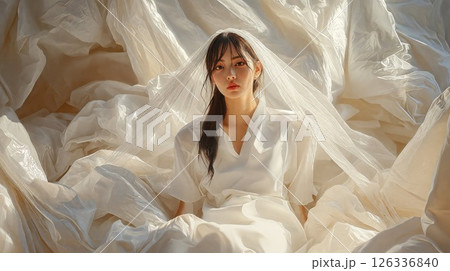 person in a white lace lingerie posing artistically among ethereal plastic sheets and white fabric in a dreamy, soft-lit studio setting 126336840