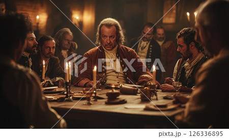 Historical meeting scene with candlelit gathering of men in 18th century attire. Dramatic period photography captures secret society atmosphere with warm lighting and colonial costumes Historical meeting scene with candlelit gathering of men in 18th century attire. Dramatic period photography captures secret society atmosphere with warm lighting and colonial costumes 126336895