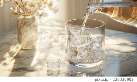 Water is currently being poured into a glass that contains ice cubes 126336902