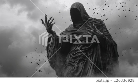 Dark artistic photograph of cloaked figure in dramatic pose against stormy sky. Gothic monochrome image with floating debris creating mysterious and supernatural atmosphere Dark artistic photograph of cloaked figure in dramatic pose against stormy sky. Gothic monochrome image with floating debris creating mysterious and supernatural atmosphere 126336929