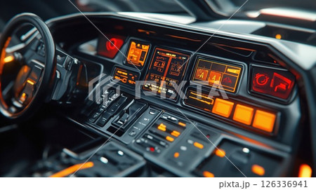 Retro-futuristic vehicle dashboard with orange LED displays and control panels. Vintage car interior with digital gauges and electronic interfaces creating sci-fi atmosphere 126336941