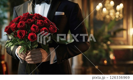 Elegant man in a tuxedo holding a bouquet of...のイラスト素材 [126336969] - PIXTA