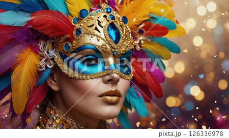 Glamorous woman in a jeweled carnival mask and colorful feathers poses in festive lighting, capturing the beauty, mystery, and elegance of masquerade celebration 126336978