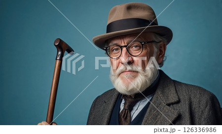 Distinguished elderly man with white beard, stylish glasses, and a fedora holds a wooden cane confidently against a clean blue background, exuding timeless charm and wisdom 126336986