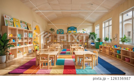 Sunlit Montessori classroom with wooden furniture, colorful toys, educational materials, and vibrant decor encouraging creativity, learning, and child-centered exploration in a nurturing space 126336987