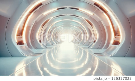 Futuristic white tunnel with circular glowing arches creating infinite perspective. Modern architectural space design with clean geometric lines and illuminated rings reflecting on glossy floor 126337022