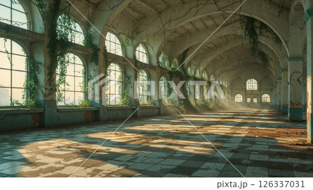Abandoned industrial hall with soaring arched ceilings, large windows, and sprawling ivy. Sunlight streams across checkered floor tiles, creating dramatic shadows in this atmospheric decaying 126337031