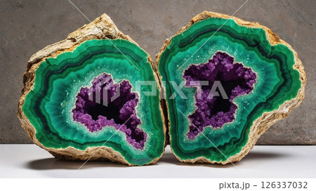 Stunning geode cross-section with vibrant emerald green bands surrounding amethyst crystal cavities. The natural mineral formation displays striking purple crystals contrasting with rich 126337032