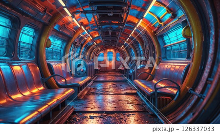 Surreal subway car interior bathed in contrasting blue and orange neon lighting. Empty vintage train with curved ceiling, weathered wooden floor and retro seating creates dystopian atmosphere 126337033