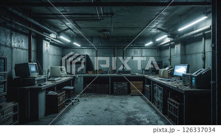 Abandoned underground computer control room with vintage technology and equipment scattered across dusty workstations. Fluorescent lights cast an eerie glow over the decaying concrete bunker 126337034