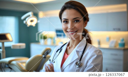 Confident female doctor in a modern medical clinic, smiling warmly in a white coat with a stethoscope symbolizing care, professionalism, and trust in healthcare Confident female doctor in a modern medical clinic, smiling warmly in a white coat with a stethoscope symbolizing care, professionalism, and trust in healthcare 126337067