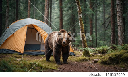 Large brown bear standing near a camping tent in a dense pine forest, evoking the thrill and danger of wild encounters during outdoor adventures in pristine natural surroundings 126337069