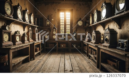 Rustic antique clock workshop with wooden shelves and vintage timepieces bathed in golden sunlight through a window, evoking nostalgia, craftsmanship, and timeless history 126337070