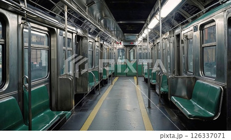 Empty vintage subway car with metal walls and green seats, lit by overhead lights, creating a lonely, moody atmosphere in an urban underground transit system at off-peak hours 126337071