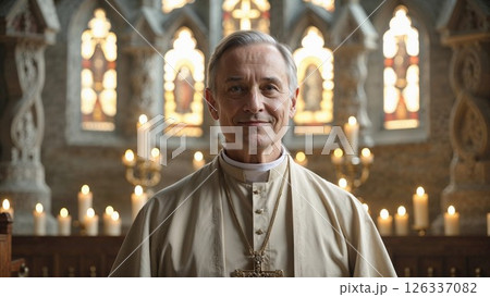 Smiling priest in cream robe stands peacefully before glowing candles and stained-glass windows inside a historic church ideal for spirituality, faith, or religious leadership 126337082