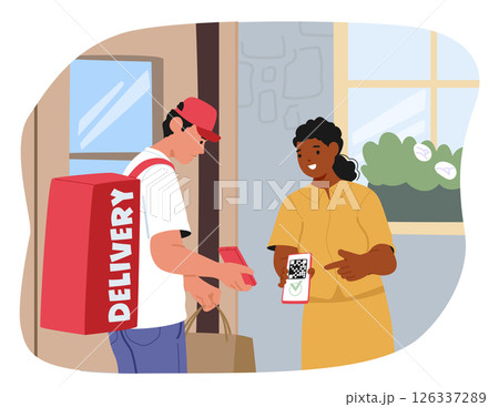 Woman character paying with qr code scanner by mobile phone for delivery service cartoon scene 126337289