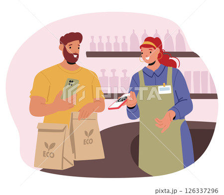Male customer buying eco products at retail shop store using qr code scanner mobile application 126337296