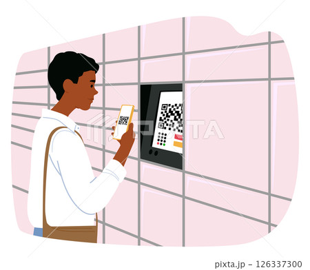 Man character scanning qr code on atm machine screen by mobile to withdraw money cash cartoon scene Man character scanning qr code on atm machine screen by mobile to withdraw money cash cartoon scene 126337300