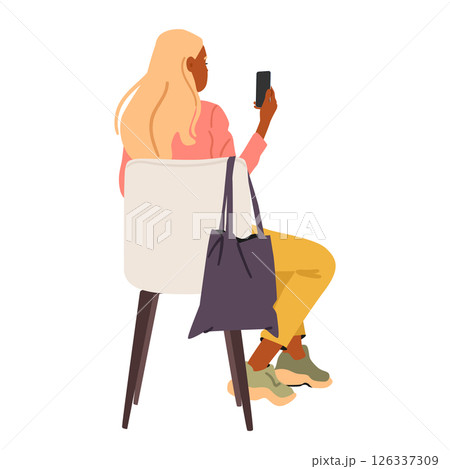 Back view of young woman cartoon character shooting seminar on mobile camera isolated on white Back view of young woman cartoon character shooting seminar on mobile camera isolated on white 126337309