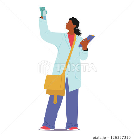 Woman scientist cartoon character checking water samples purity looking at test tube in hand Woman scientist cartoon character checking water samples purity looking at test tube in hand 126337310