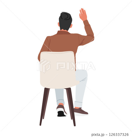 Back view of businessman cartoon character raising hand while sitting on chair isolated on white 126337326