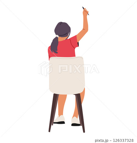 Girl student cartoon character holding raised hand with pen on chair backside isolated on white 126337328