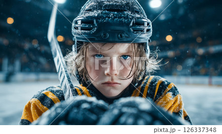 Child hockey player with a stick in his hands and a helmet on his head stands on the ice with a serious look before the game 126337348
