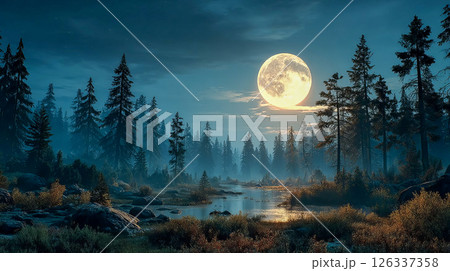 A bright full moon shines in the night sky above a serene forest A bright full moon shines in the night sky above a serene forest 126337358
