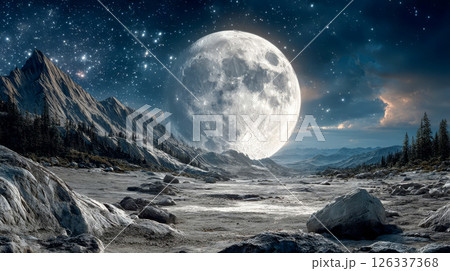 A clear sky shows a bright full huge moon surrounded by stars, and detailed craters and textures can be seen on its surface 126337368
