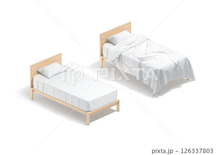 Blank wooden single bed with white bedding mockup, side view 126337803