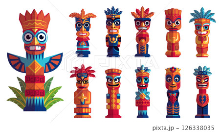 Colorful Tribal Totem Vector Set. Cartoon Hawaiian and African Wooden Statues with Ritual Faces. Ethnic Decorative Idols and Symbols 126338035