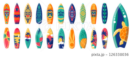 Surfboard Vector Set. Cartoon Surf Boards with Tropical Prints. Turtle, Palm Trees, Ocean, Crab, Totem and Flower Designs. Retro Beach Clipart Surfboard Vector Set. Cartoon Surf Boards with Tropical Prints. Turtle, Palm Trees, Ocean, Crab, Totem and Flower Designs. Retro Beach Clipart 126338036