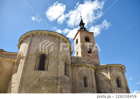 Medieval Church in limestone with arches, semicircular flares and Herrerian roof 126338459