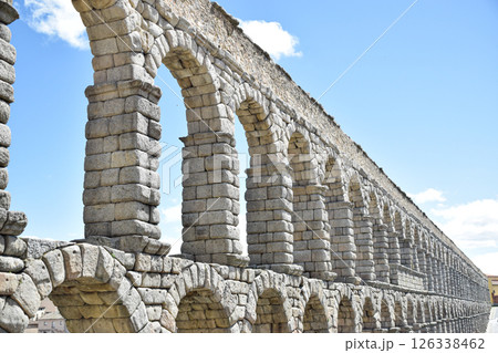 Right side view of Segovia Aqueduct, Roman construction for transporting water Right side view of Segovia Aqueduct, Roman construction for transporting water 126338462