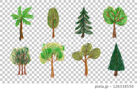 Cute botanical hand drawn oil pastel textured deciduous and coniferous trees set. Bright painted fir, oak, palm, maple, cedar, chestnut plants element for nature sticker, poster design, logo 126338550